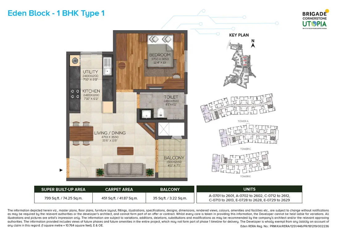 Eden 1bhk type1 floor plan - brigade utopia