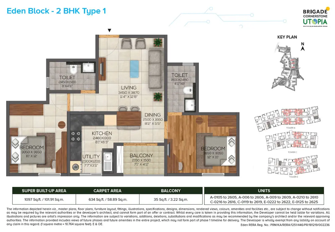 Eden 2bhk type1 floor plan - brigade utopia