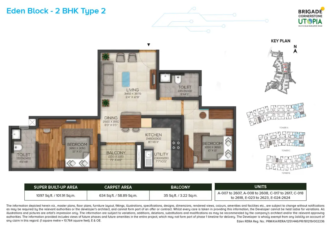 Eden 2bhk type2 floor plan - brigade utopia